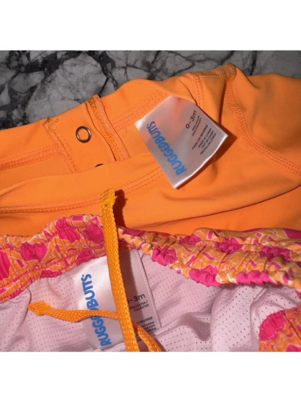 Rugged Butts Baby Boys 0-3 Months Pink Orange Swim Suit Set Trunks Rash Guard
